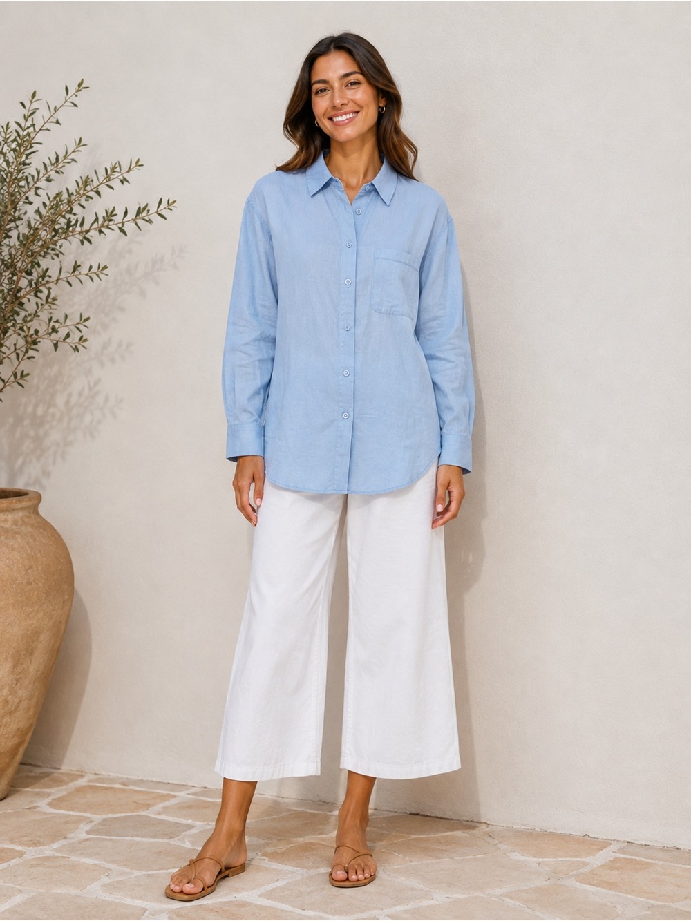 Boutique blue cotton linen button down shirt pocket long sleeve oversized SMALL